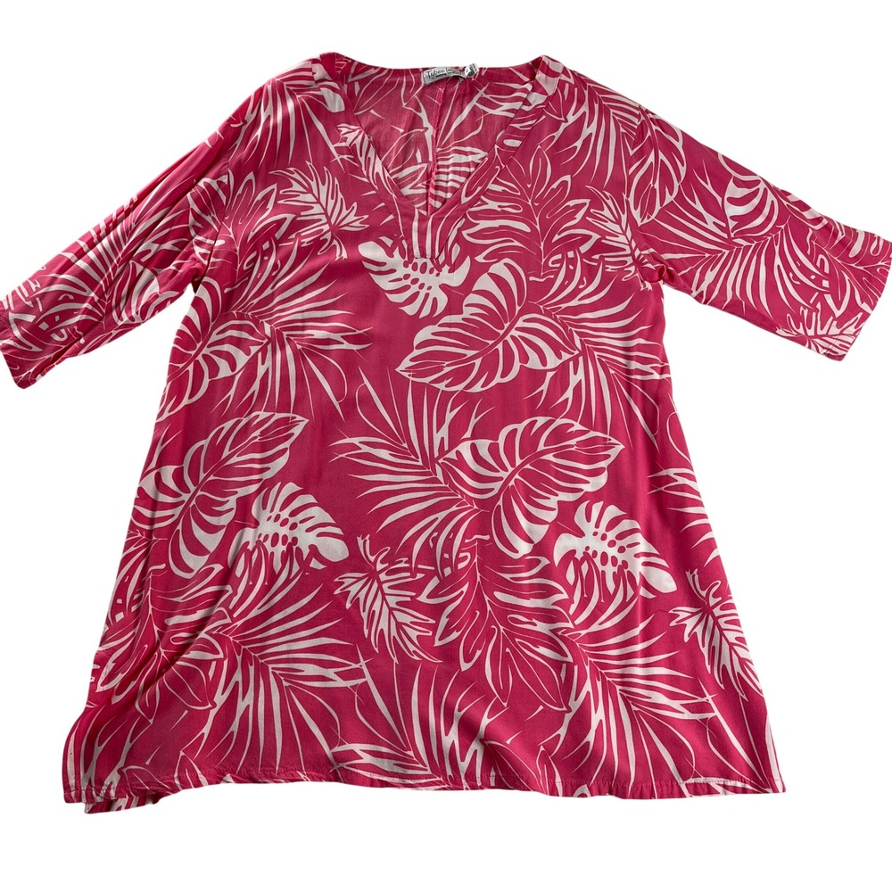 Tybee Island Tropical Leaf Tunic Top Pink White Split Neck 3/4 Sleeve XL